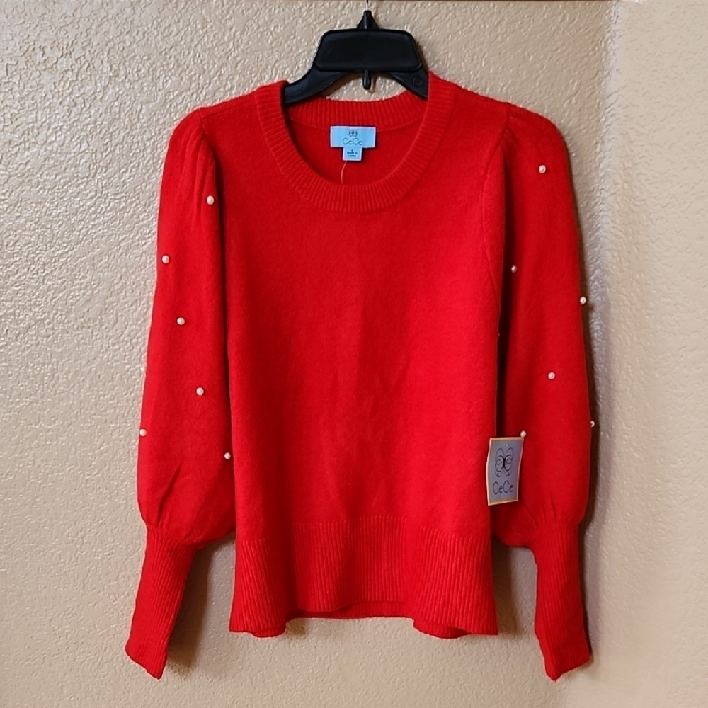 CeCe Red Sweater with Pearl Accents